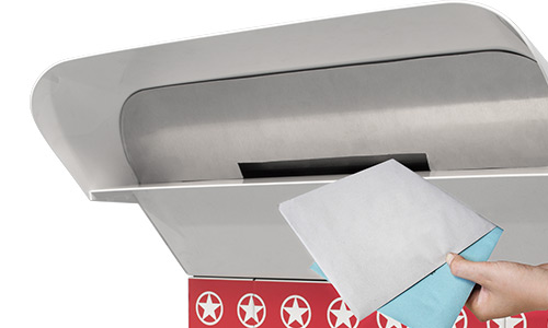 Envelopes being deposited with one hand