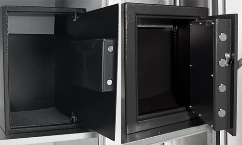 View of standard and heavy-duty safes open